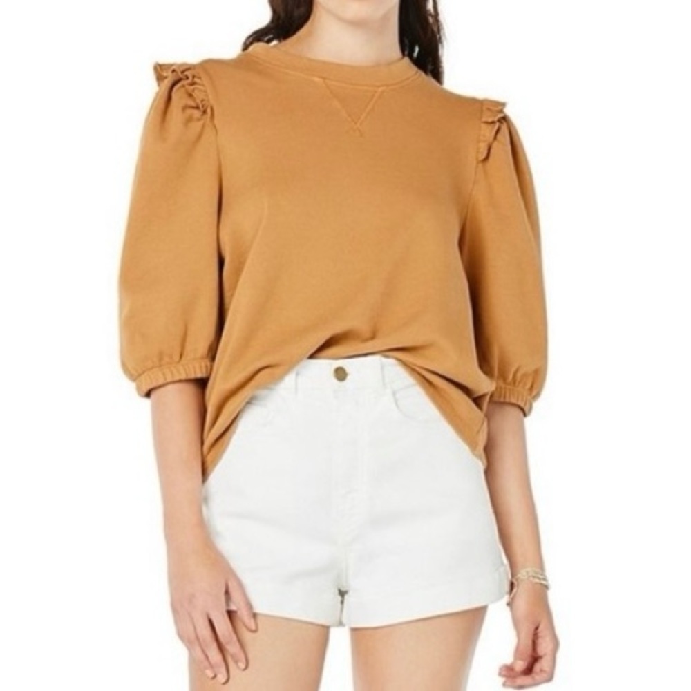 Roller Rabbit Cassia Sweatshirt with Ruffle Puff Sleeve in Coffee Size L NWT